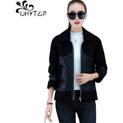UHYTGF Quality PU Leather Spring Autumn Jacket Women Both Sides Wear Lamb Wool Casual Female Coat Loose Short Plus Size Top 1820