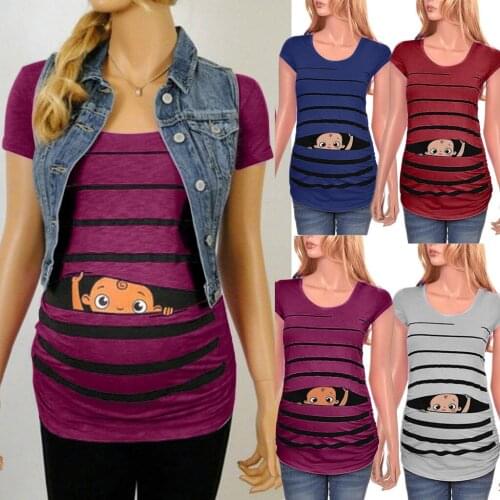 Maternity Clothes Womens Cute Funny Baby Print Striped Short Sleeve Shirt Pregnant Tops Plus Size zwangerschaps kleding #L