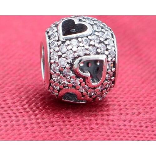 Original 925 Sterling Silver Openwork Love Heart Pave CZ Ball Beads with AAA Cubic Zirconia Fits Brand bracelets DIY
