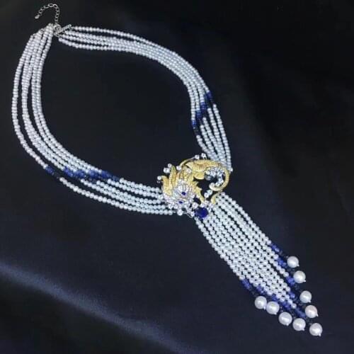 Lion pendant necklace natural fresh water pearl small pearl necklace multi layers 925 sterling silver fine women jewelry leo