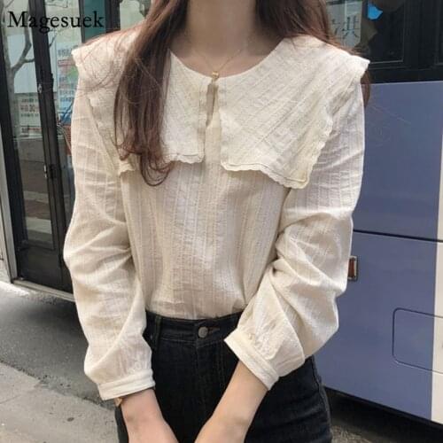 Casual Solid Womens Blouses 2021 Autumn Korean O-Neck Long Sleeve Tops Women Blouses Patchwork Ruffles Loose Shirt Blusas 10187
