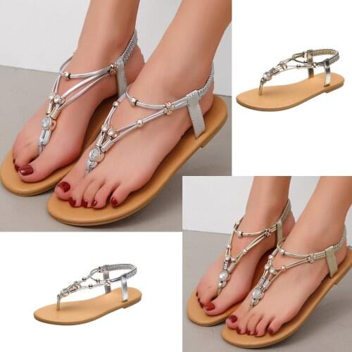 Summer New Flat Sandals Women Fashion rhinestone Non-slip shoes Casual Flat Retro Slippers Beaded Solid Shoes Sandals