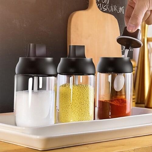 Glass Spice Jar Transparent Salt Sugar Pepper Powder Plastic Seasoning Bottle with Spoon Condiment Dispenser Kitchen Supplies