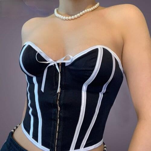 Vintage E-girl Striped Backless Corset Tops Pastel Goth Y2K Strapless Bow Black Bustier Top Single-breasted Crop Tanks