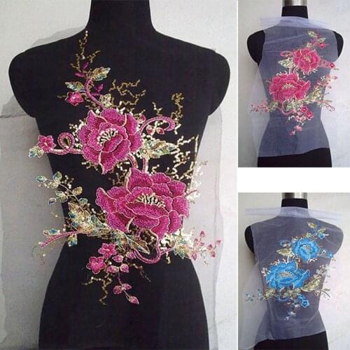 Embroidered Pink Blue Flower Appliques Fabric Wedding Gown Lace Fabric Mesh Sew Patch For Dress DIY Decoration