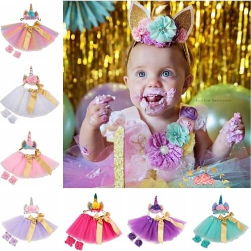 Yundfly Toddler Baby Girls Layered Tutu Skirt Dress with Glitter Unicorn Horn Headband Outfit for Birthday Party