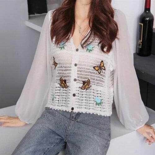 Knitted Butterfly Embroidery Hollow Out Korean Autumn Elegant Fashion Blouses And Tops WomenS Shirt Clothing 2021 Female