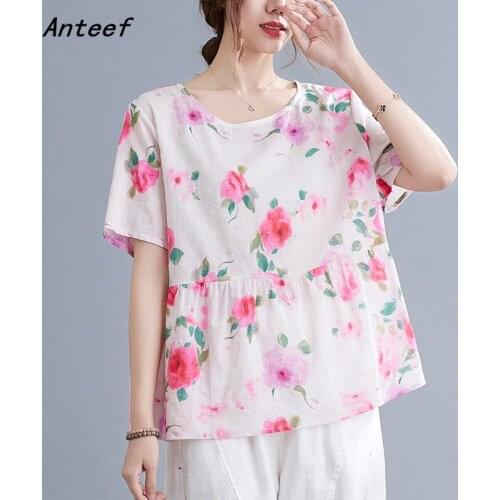 Short sleeve cotton vintage floral casual loose summer tee t shirt women t-shirt ladies tshirt 2021 tops streetwear clothing