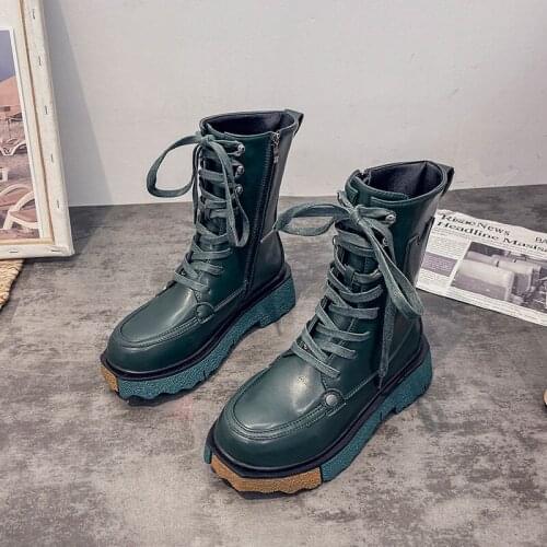 2021 New Autumn Black British Style Martin Boots Women Mid Tube Platform Chelsea Short Boots Female Thick Sole Motorcycle Boots