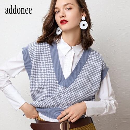 England Style Houndstooth Pattern Fashion Loose Spring Autumn Winter Cashmere Knit V-Neck Women Female Sweater Vest Casual Sexy