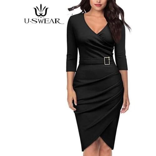 Women Office Lady Solid Bodycon Clothes Summer Long Sleeve V-Neck Party Midi Work Formal Dress Plus Size Dress Vestido Verano