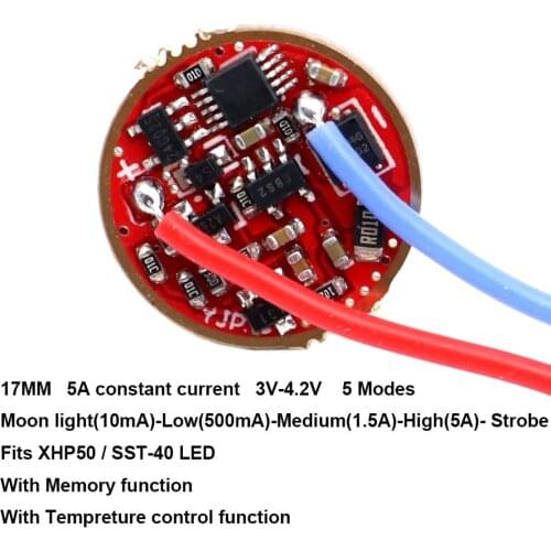 17mm 3V - 4.2V 5A 1 cell 5-Mode Driver Circuit Board for Cree 3V XHP50.2 / Luminus SST-40 LED with Memory / Tempreture control
