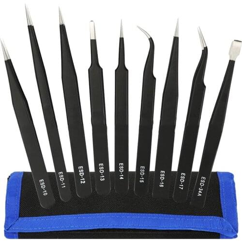 9PCS Stainless Steel Tweezers combination suit ESD Special tweezers set for clock maintenance Antistatic industrial tweezers