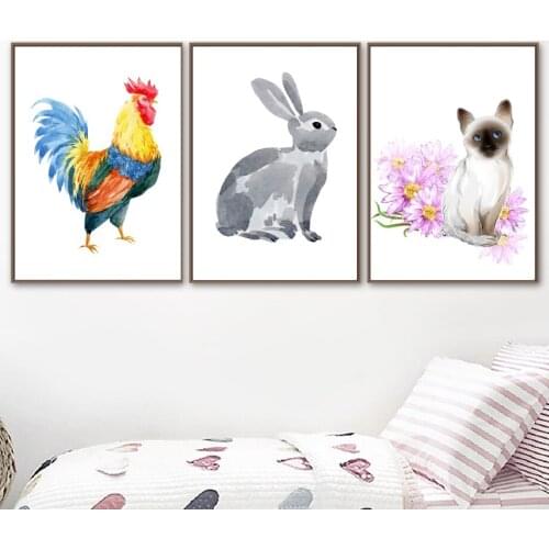 Watercolor Animal Canvas Painting Cock Rabbit Cat Wall Art Picture Nordic Posters And Prints For Living Room Decoration No Frame