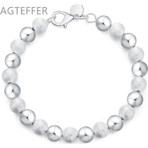 AGTEFFER 925 Sterling Silver Retro 8MM Sandy Light Beads Bracelet For Women Wedding Engagement Party Jewelry