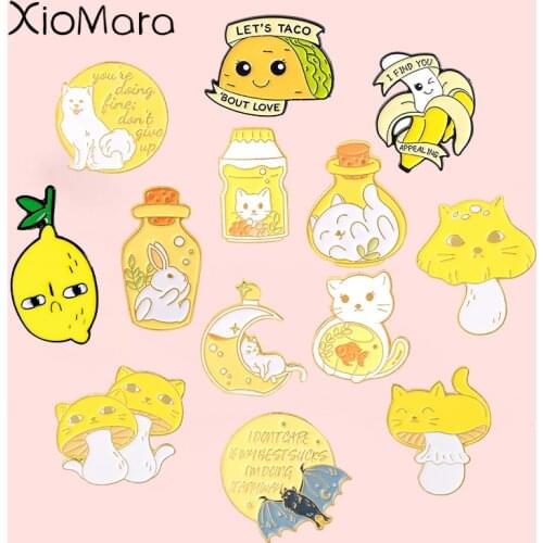 Lovely Lemon Essence Enamel Pins Banana Milk Fruit Shake Bunny Mushroom Brooches For Women Cute Cartoon Badges Bag Lapel Jewelry