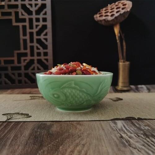 Chinese Cereal Bowl Porcelain Rice Bowl for Salad 5 Inch Celadons Tableware Engraved Fish Ceramic Microwave and Dishwasher Safe