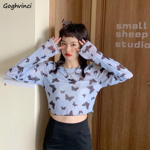 Women Mesh Crop-Tops T-Shirts Sexy See Through Butterfly Printed Transparent Long Sleeve Slim Summer Female Trendy Casual Lovely