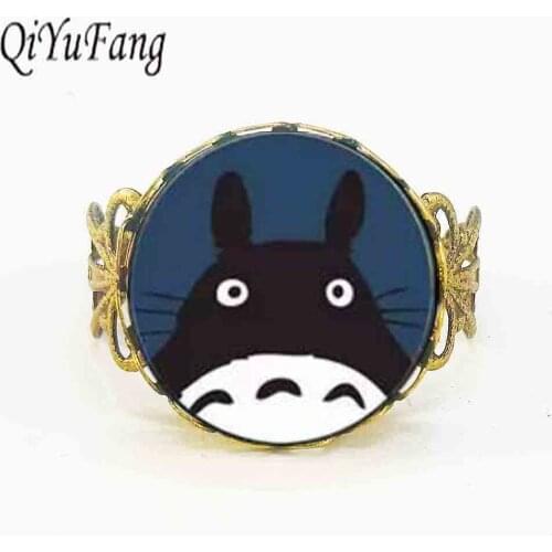 Round Charm Cute Kawaii Japanese Cartoon Anime My Neighbor Totoro Glass Photo ring For Girl Animal Jewelry leather
