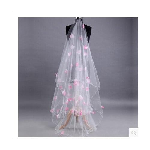 Bridal Veil Lace Bride White Long Wedding Veil Mantilla Wedding Accessories Veu De Noiva With Pink Lace Flowers Veils