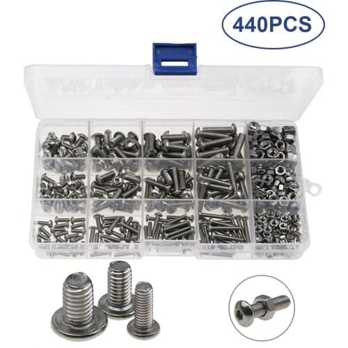 440pcs Stainless Steel Hexagon Socket Round H-ead Screw Nut Kit Set with Storage Box Portable Screws Nuts Set