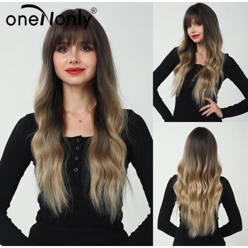 OneNonly Long Natural Wave Ombre Black Brown to Golden Brown Synthetic Wigs with Bangs for Women Party Daily Hair Heat Resistant