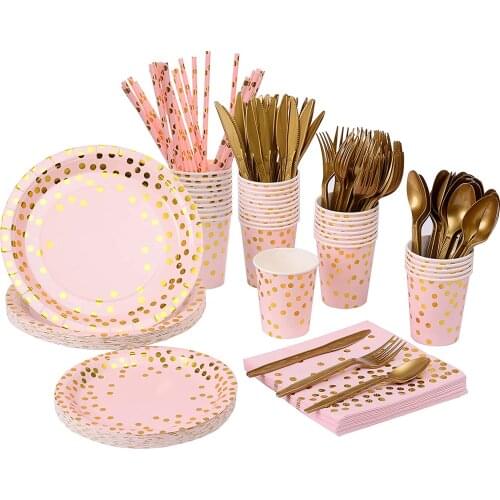 Pink Gold Party Supplies Disposable Tableware Plastic Forks Knives Spoons Cutlery Dinnerware for Wedding Birthday Baby Shower