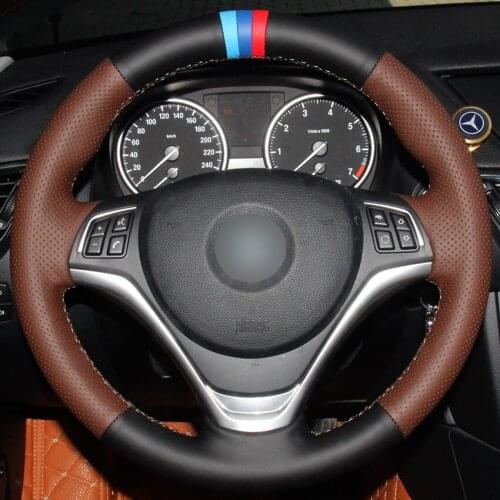 Hand sewing custom Black Leather Coffee Leather Car Steering Wheel Cover for BMW X1 2014 2015