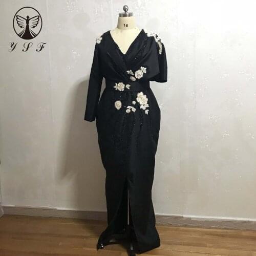 YSF Black Vestidos De Fiesta V Neck Appliqued Beaded Flowers Long Sleeve Slit Floor Length Mermaid Formal Evening Dresses