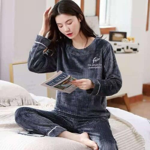 Womens Pajamas Thick Winter Kawaii Clothes Sweet Korean Fashion Fleece 2 Piece Pajama Sets Loose Womens Suit Trouser Suits
