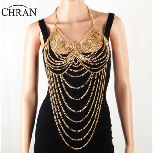 Chran Gold Tone Beach Chain Wear Women Harness Necklace Ethnic Chain Bra Lingerie Sexy Dress Decor Wear Jewelry CRBJ116