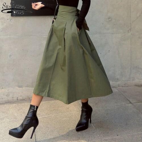Army Green Skirt 2021 Spring and Autumn A-line Skirt Y2k Bow Big Swing Skirt Slim Waist Skirt Robe Chemise Femme 13131