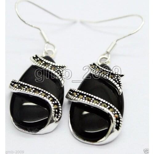 Hot Sale Ladys Fashion 13*25mm Natural Black Natural jade 925 Sterling Silver & Marcasite Earrings