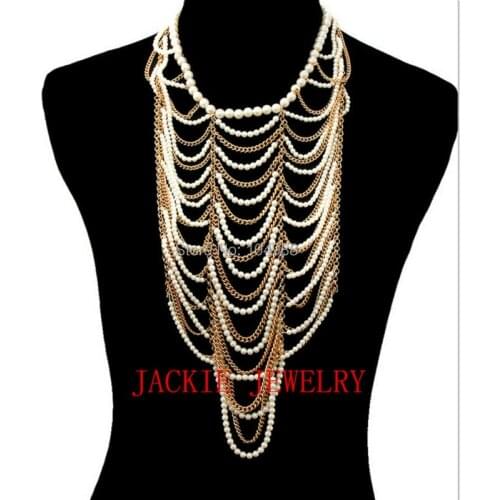 Free Shipping New Styles BY656 Women Gold colour Chains White Imitation Pearls Necklace Layers Beads Chains Jewelry 2 Color