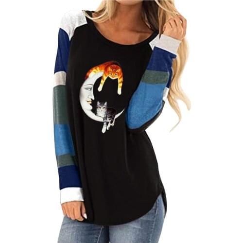 Women Long Sleeve Halloween Pullover T-shirt Round Neck Blouse Top Lovely Cat Splicing Printing Daily All-match Girl T-shirt Top