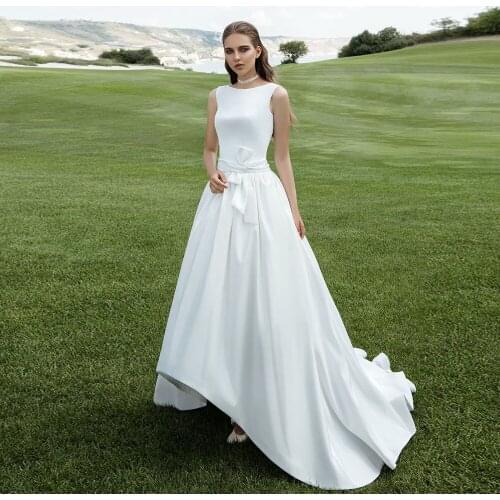High Low Sheath Satin Wedding Dresses Robe De Mariee Beading Appliques Buttons Up Back Bow Simple Wedding Gowns