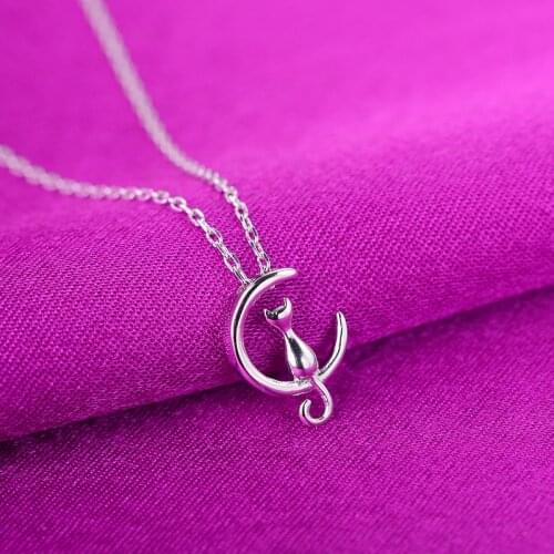 925 Sterling Silver Moon Cat Charm Necklace For Women Wedding Party Jewelry Accessories Choker dz751