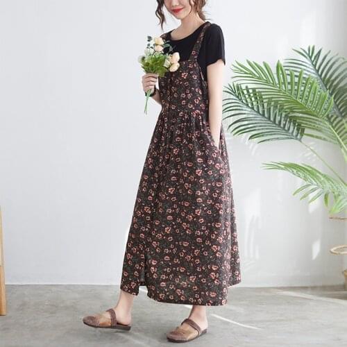 2021 New Arrival Sleeveless Loose Summer Strap Dress Cotton Linen Print Floral Vintage Prairie Chic Travel Casual Women Dress