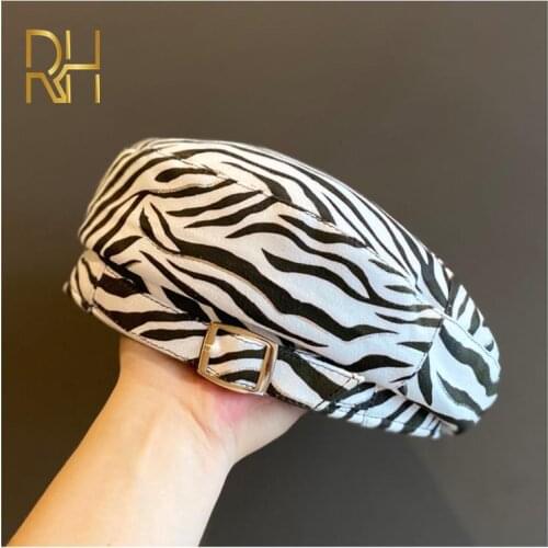 2021 Women Girl Beret French Artist Warm Winter Beanie Cap Vintage Plain Zebra Striped Beret Hat Elegant Lady Painter Cap
