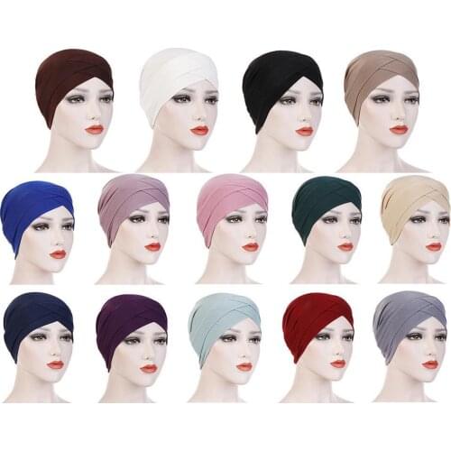 2021 Womens Color Bandana Muslim Scarf Hijab Stretchy Elegant India Cap Forehead Head Wrap Hat Cross Turban Hat Z9Y1