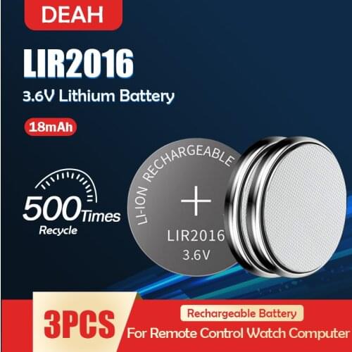 3PCS LIR2016 LIR 2016 3.6V Rechargeable Lithium Li-ion Battery For Watch Remote Control Toy Button Battery Replace CR2016 LM2016