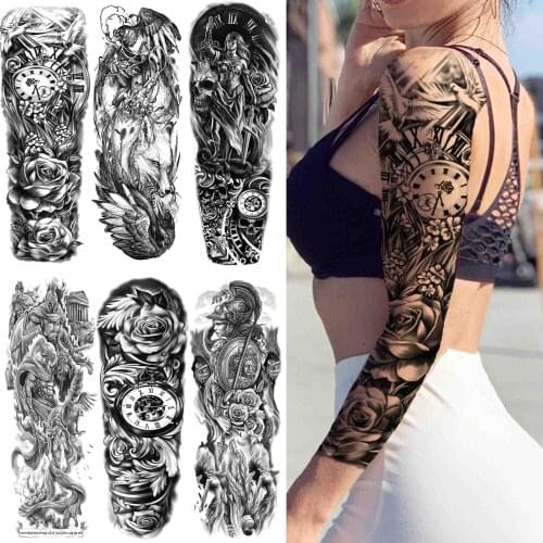 3D Clock Flower Full Arm Temporary Tattoos For Women Men Black Soldier Warrior Tattoo Temporary Sticker Sleeve Fake Tatoos Decal