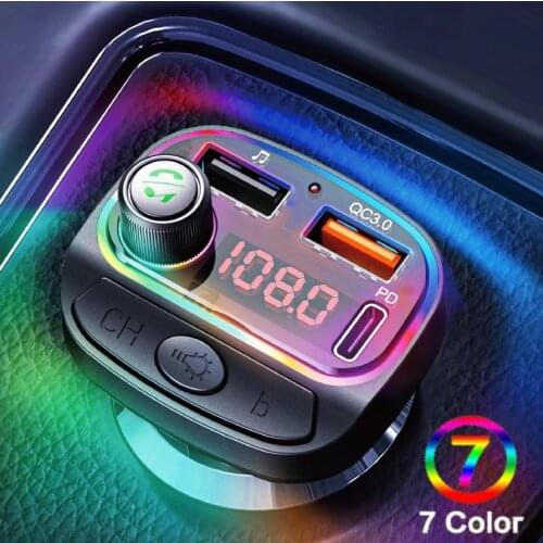 Rainbow Lights Car Cigarette Audio Player Bluetooth 5.0 FM Transmitter U Disk Car MP3 Player Dual USB PD18W+QC3.0 Fast Charger
