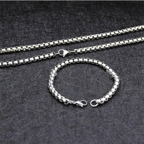 Fashion Hip Hop Rock Style Jewelry Set 6MM Stainless Steel Square Pearl Chain Necklace Bracelet For Men drop shipping