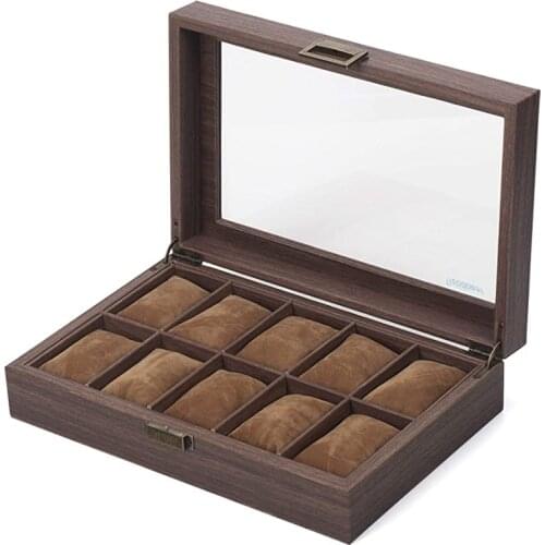 Watches Storage/Watch Case/Watch Box Made of PU Leather in Wood Grain and Real Glass with 10 Grids for 10 Watches