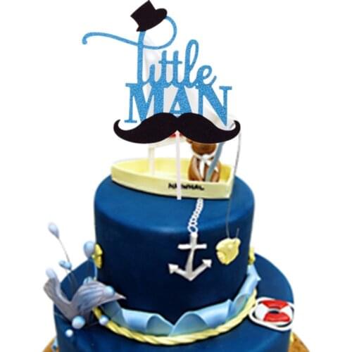 Blue Cake Topper Little Man Boys Happy Birthday Decoration Gentleman Hat Mustche Baby Shower Cupcake Flag Party DIY Decor Oh Boy