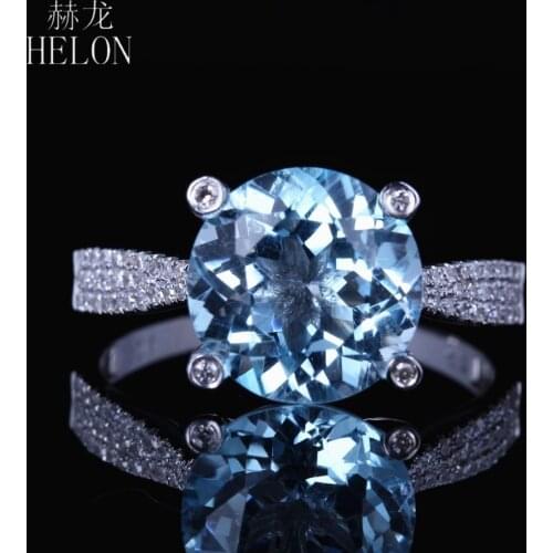 HELON Solid 10k White Gold 10mm Round 3.5ct Brilliant Blue Topaz Diamond Engagment Wedding Ring For Women Birthday Best Gift