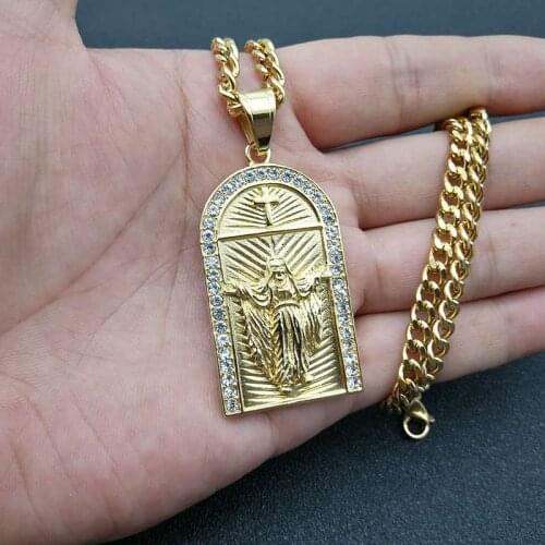 Hip Hop Bling Gold Color Stainless Steel Jesus Piece Pendants Necklaces for Men Rapper Jewelry With Cuban Chain