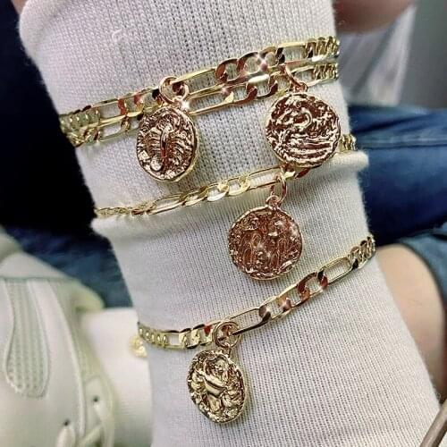 JJFOUCS 2Pcs/Set Trendy Punk Gold Color Anklet 12 Constellations Metal Coin Anklet Teen Girls Summer Barefoot Beach Bijoux Party