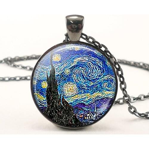Fashion Accessories Starry Night Art Painting Van Gogh Pendant Necklace Black Chain Van Gogh Jewelry for Women for Men Gift